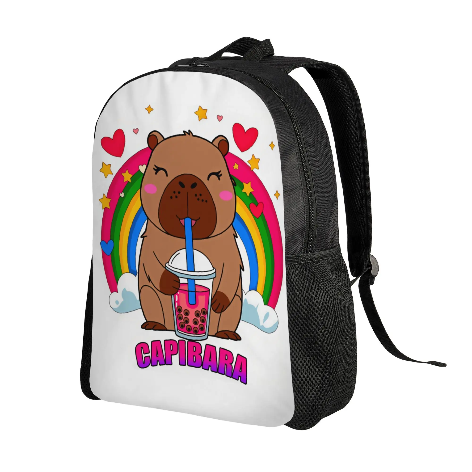 Capybara Drinking Boba Tea Rainbow Heart Star Cartoon Backpack  Kawaii Backpacks Student Trekking School Bags Designer Rucksack