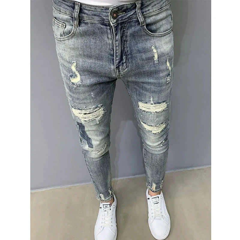 2024 New Streetwear Gothic Hole Cowboy Men Summer All-match Fashion Trend Make Old Blue Korean Slim Comfortable Washing Trousers