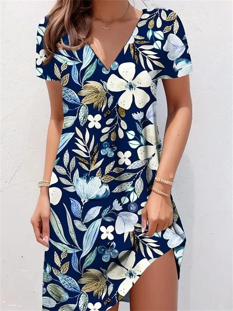 Women Dresses Summer Pullover Short Sleeve Plus Size Dress Casual Trend Loose V-Neck Ladies Contrast Color Flower Print Clothing