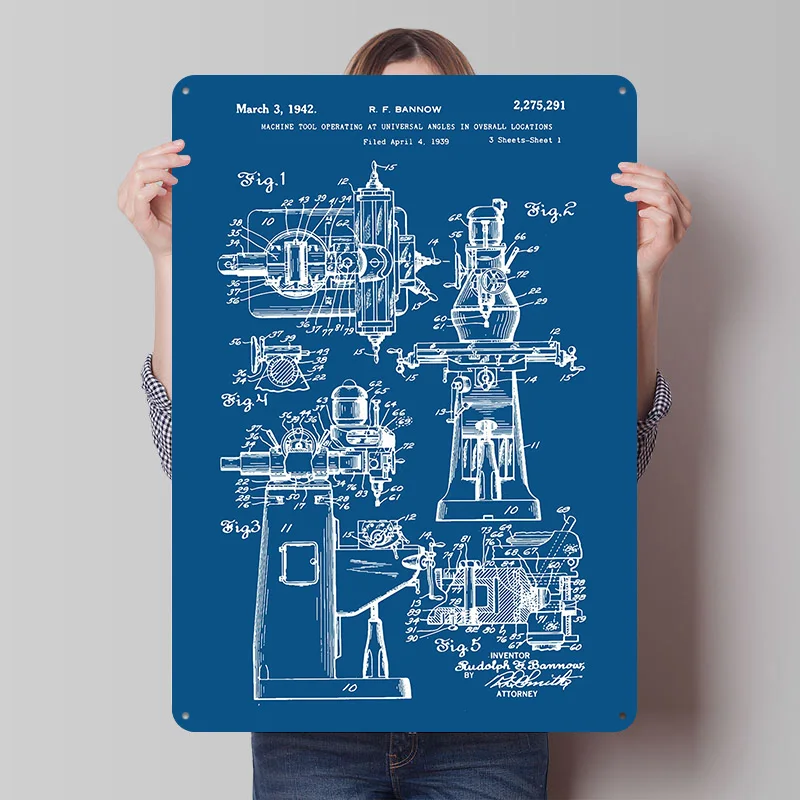 Bridgeport Milling Machine Patent 1942 Metal Poster Custom Wall Art Retro Vintage Tinplate Signs for Man Cave Home Decorations