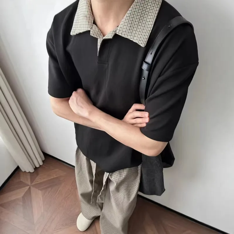 WTHT Fashion Men's Spliced Plaid Contrast Color Loose T-shirts Trendy 2026 Summer Turn Down Collar Casual Pullover Male 2A2954