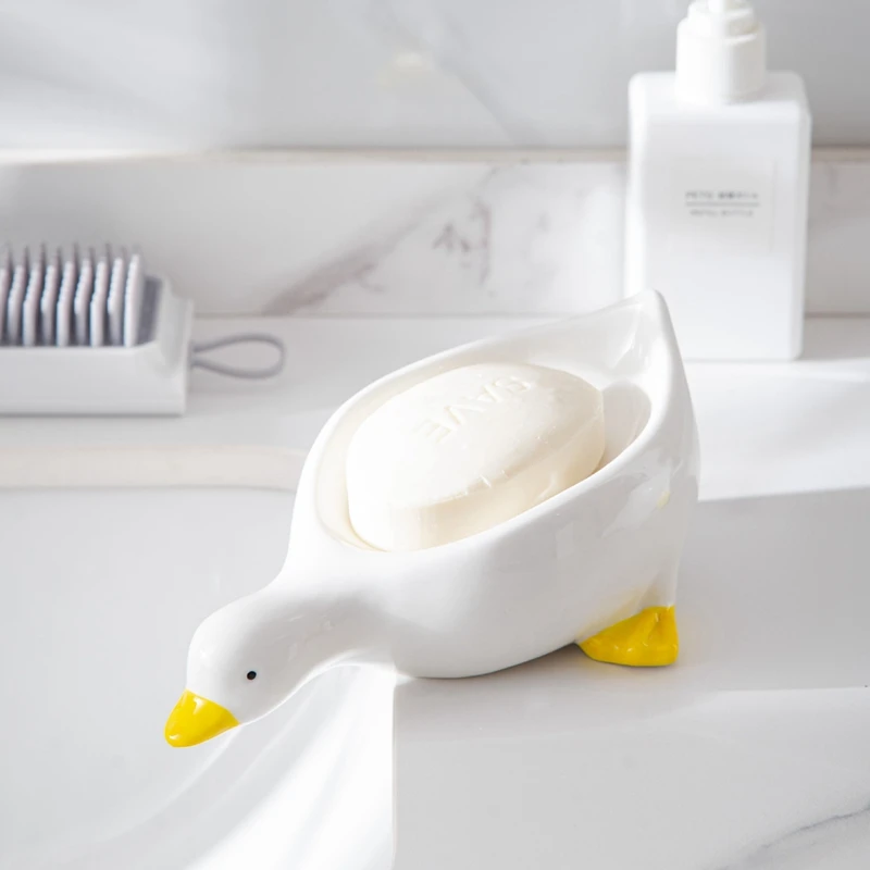 1 PCS Yellow Duck Shape Soap Box Cartoon Soap Dish Drainable Soap Holder Soap Container Ceramics Soap Dish For Tray Bathroom