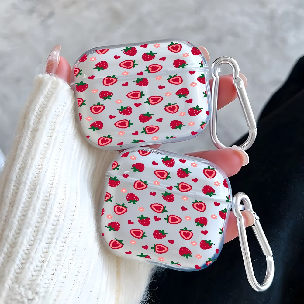 Pink Strawberry Pattern Clear Earphone Case for AirPods Pro 2/Pro 3/Pro Earbuds Case for AirPods 1/2/3/4 TPU Protective Cover