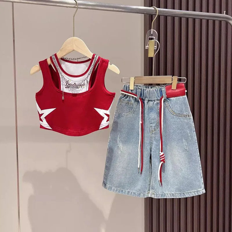 

2026 Girls' Summer Set New Style Trendy Short Sleeve Top Fashionable Cowboy Midpants Two Piece Set