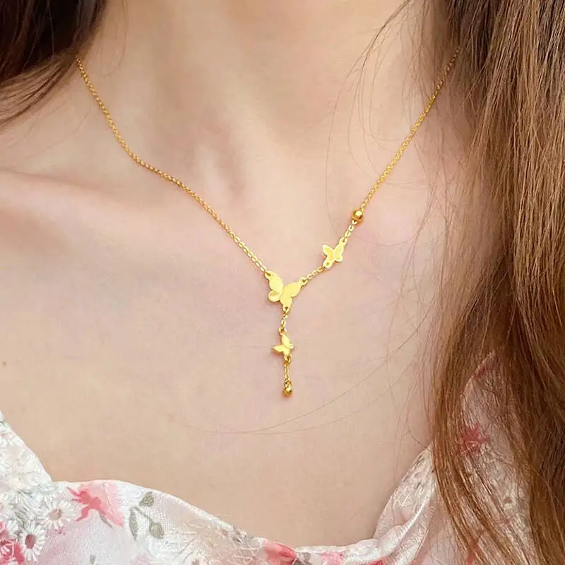 Dainty Butterfly Y Drop Jewelry 3Pcs Set, Titanium Steel Necklace Bracelet Combo, Waterproof Gold Fashion Statement Jewellery