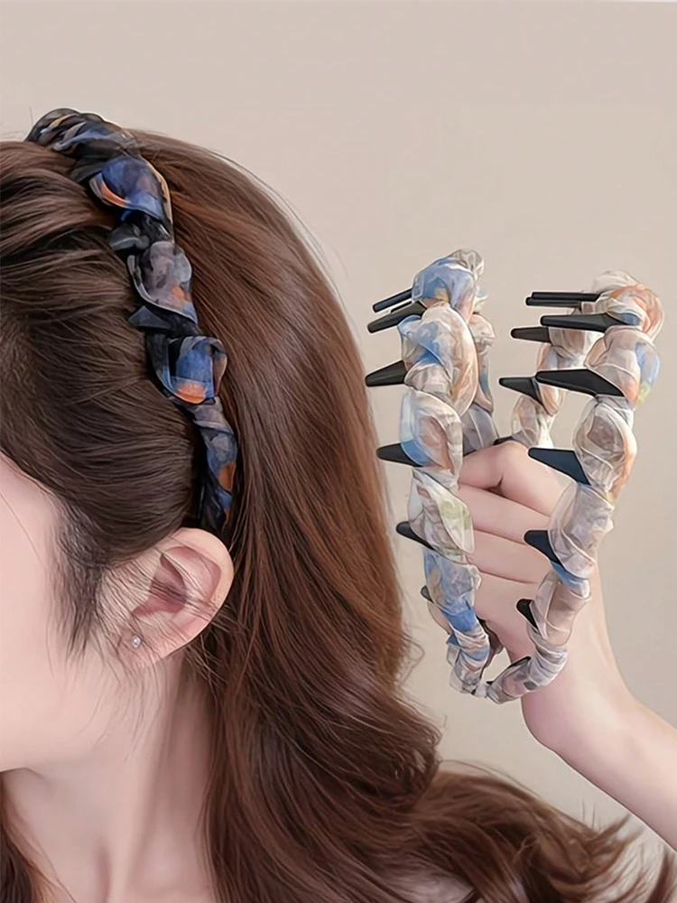 1 Stück bedrucktes, plissiertes Netz-Haarband, rutschfestes Haarband mit gewelltem Zahnkamm, multifunktionales, modisches Haar-Accessoire – Detail 1