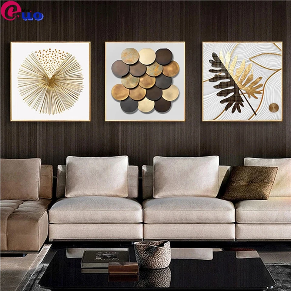 Full square round diamond painting Nordic Golden Abstract Leaf mosaic Embroidery Cross-stitch Golden Line Circle Home Decor