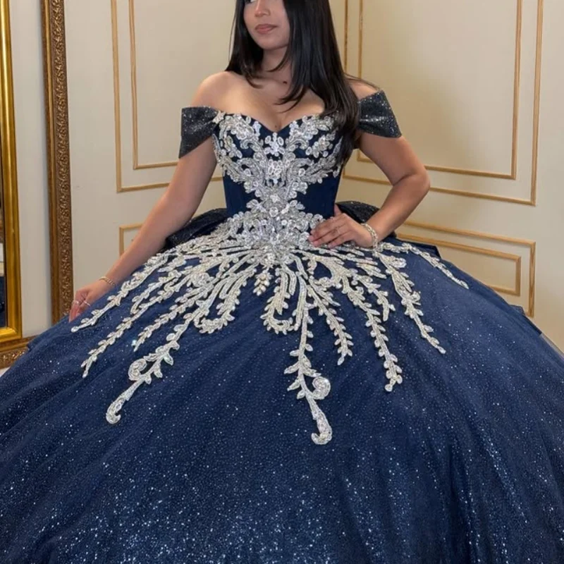 

Shiny dark blue Quinceanera Dress off-shoulder Lace glitter decal tail Bow layering vestidos de 15 Quinceanera ﻿Customize