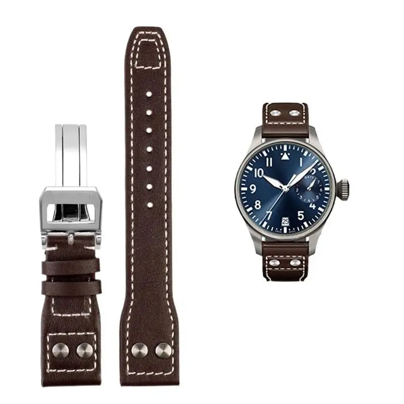 

TINTAG For IWC PILOT Mark cowhide Strap 21mm 22mm 20mm Genuine Leather Watch band Bamboo Grain Rivets Dark Brown Black