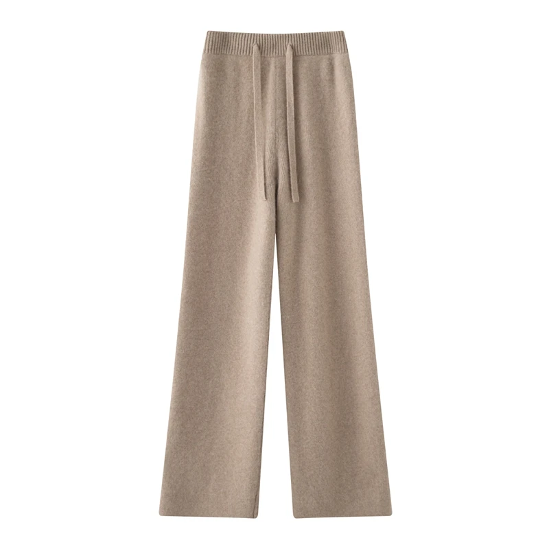 Pantalones rectos de Cachemira 100% para mujer, pantalones de cintura elástica de estilo Simple, pantalones con cordones suaves y cálidos de Cachemira para otoño e invierno