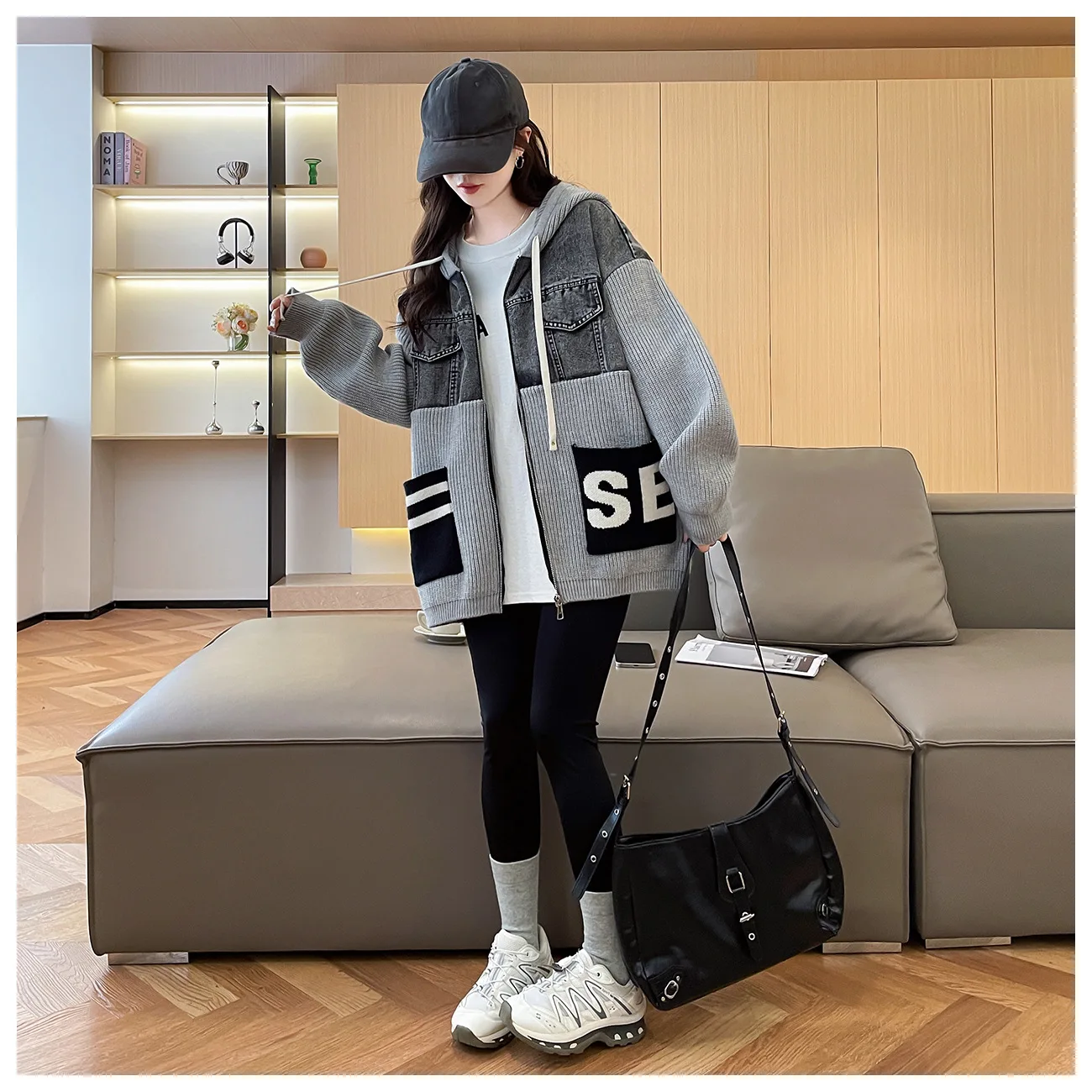 سترة بقلنسوة من قماش الدنيم المحبوك غير الرسمي معطف نسائي ياباني كوري أنيق بسحّاب ملابس علوية كبيرة الحجم ملابس خروج فيستدوس #5