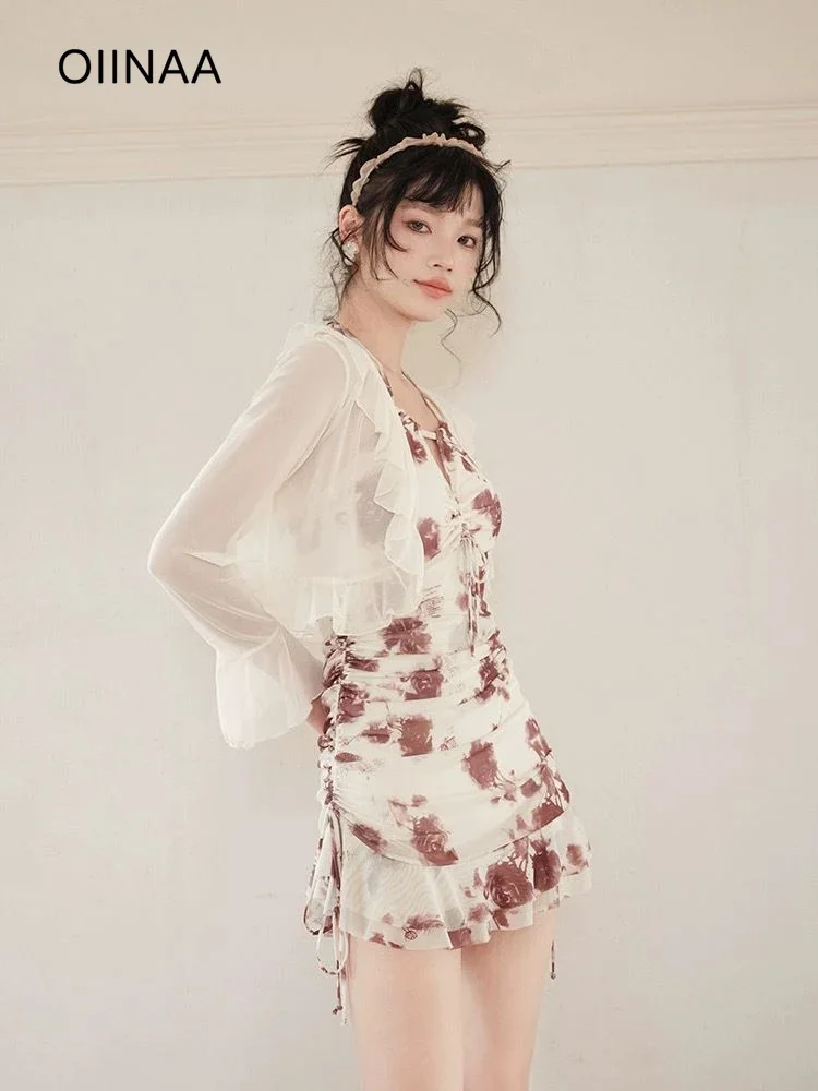 

OIINAA One Piece Swimsuit Women Print Drawstring Beach Dress Neck-mounted Lace Up Ruffled Cover-Ups Summer 2025 Swimsuit Dress