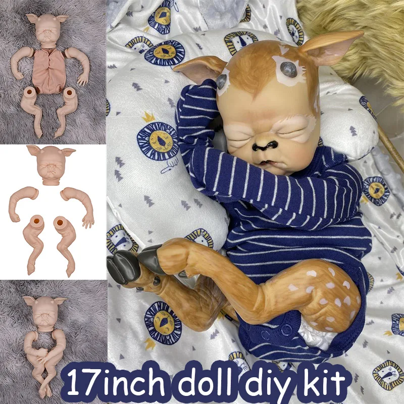 17Inch Reborn Doll Kit Popular Antlers Sleeping  Baby Cute Face Soft Touch Unpainted Unfinished Reborn Kit