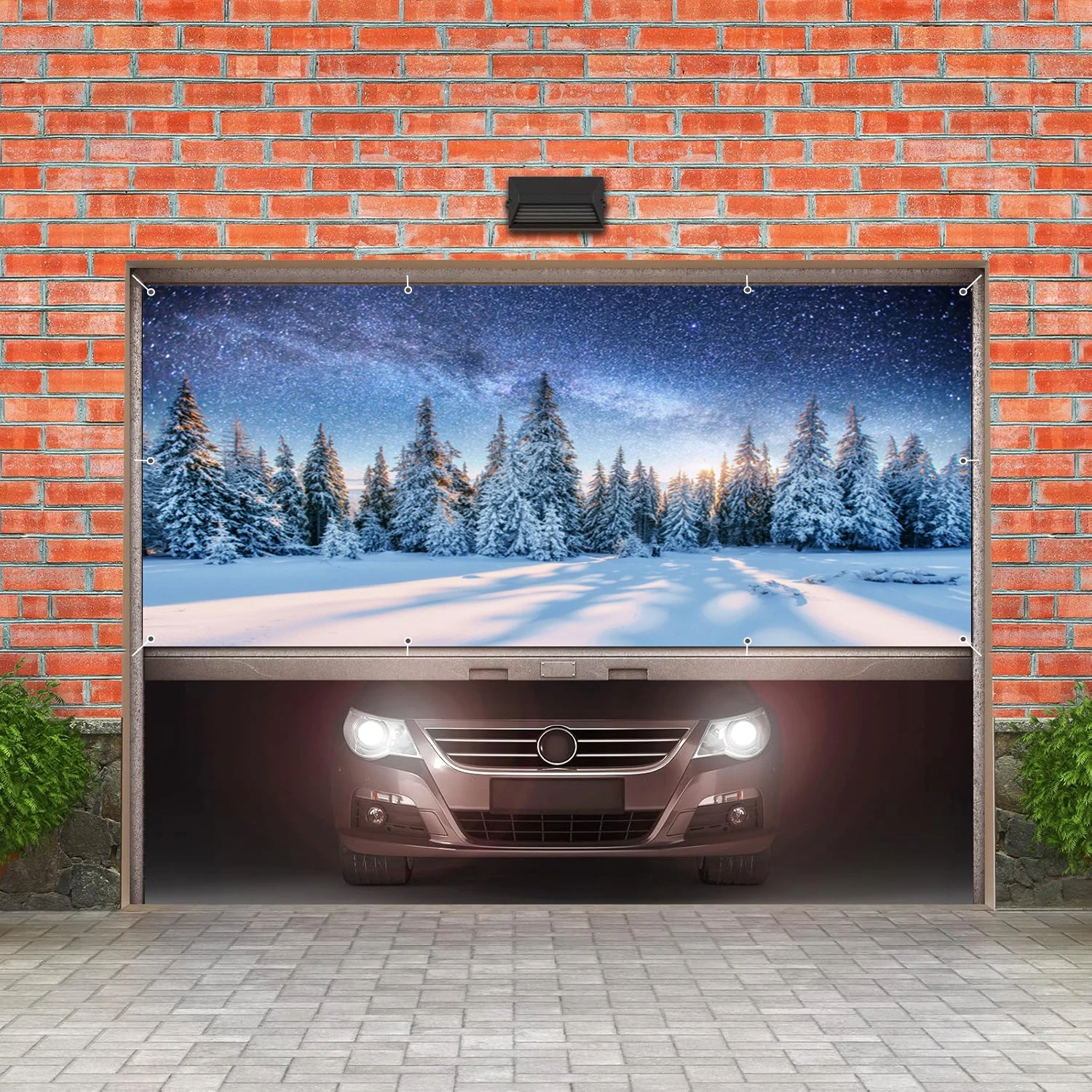 Winter Forest Snow Scene Garage Door Background Pine Christmas Tree Large Outdoor Courtyard Garage Door Decor Hanging Banner
