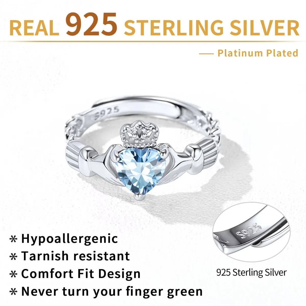 U7 3 mm 925 zilveren Claddagh-ringen hart geboortestenen 6 * 9, mm opaal verstelbare ring voor vrouw bruiloft verjaardag sieraden cadeau voor haar