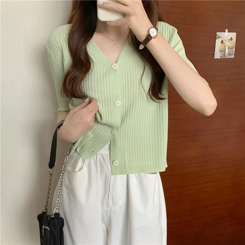 Summer Knitted Cardigans Women Korean Fashion Basics Multicolor Ice Silk Thin Short Sleeve Cardigan Crop Tops