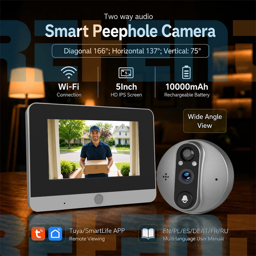 

2MP WiFi Tuya SmartLife Door Bell Eye Peephole Camera 10000mAh Battery PIR Motion Detect IR Digital Viewer with 5Inch Screen