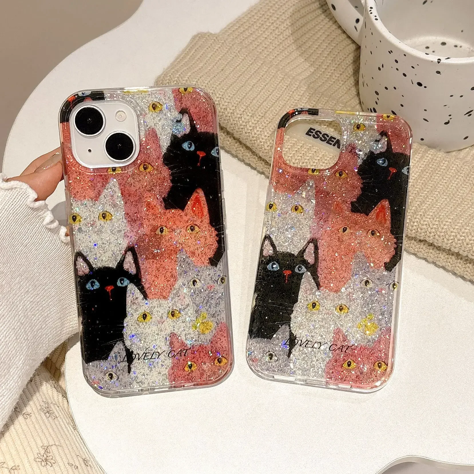 black cat Blue Eyes meow kitten Sequins glitter Phone case For iPhone 16 15 14 13 12 Pro Max Case Cute Cartoon art shimmer Cover