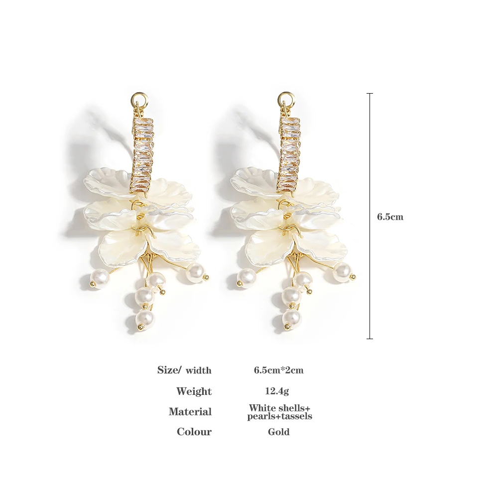 AENSOA White Tassel Shell Petal Flower Pearl Beaded Hoops Earring for Women Girl Elegant Wedding Bridal Floral Earring Jewelry