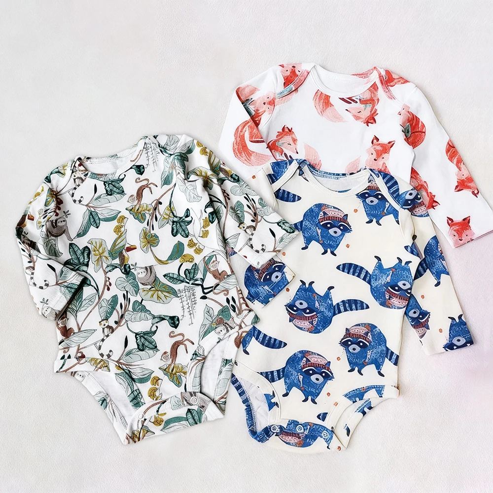3-Pack Newborn Baby Long Sleeve Cotton Bodysuit Adorable Sloth Fox Racoon Animal Print Snap Closure Baby Onesie for Boys Girls