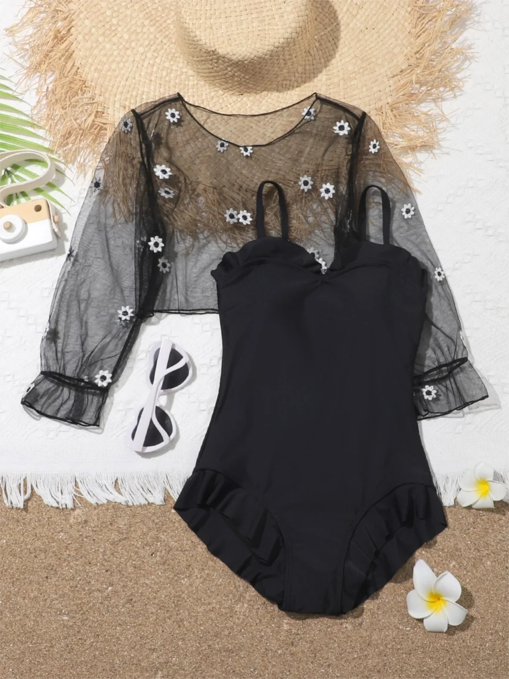 

Купальник-монокини с рюшами и накидка для девочек 2026 года, детский пляжный костюм для плавания