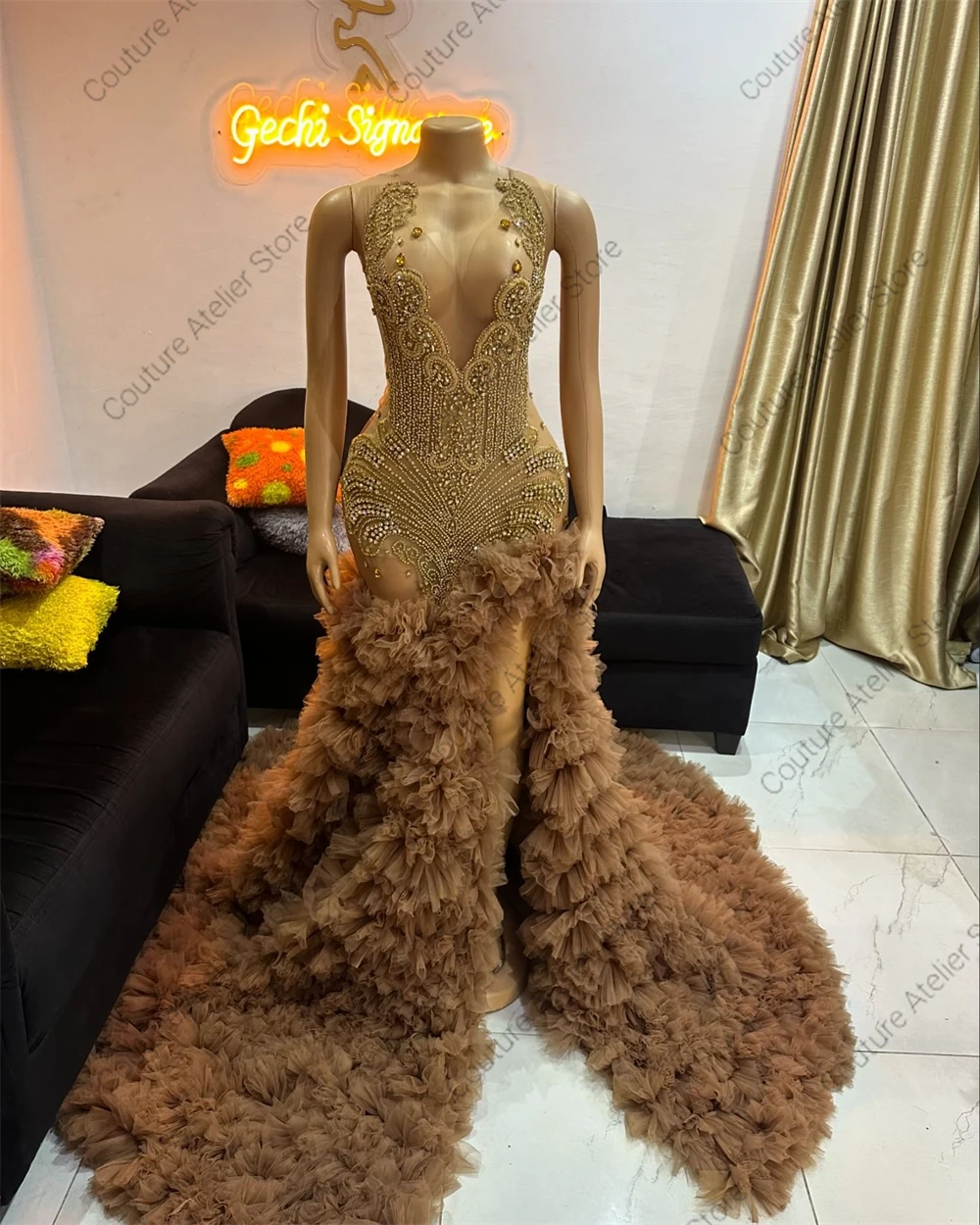 Fancy Golden Beaded Rhinestones Prom Dress With Brown Tulle Ruffles Train  Birthday Dresses Luxury 2025 Formal Gowns Customized