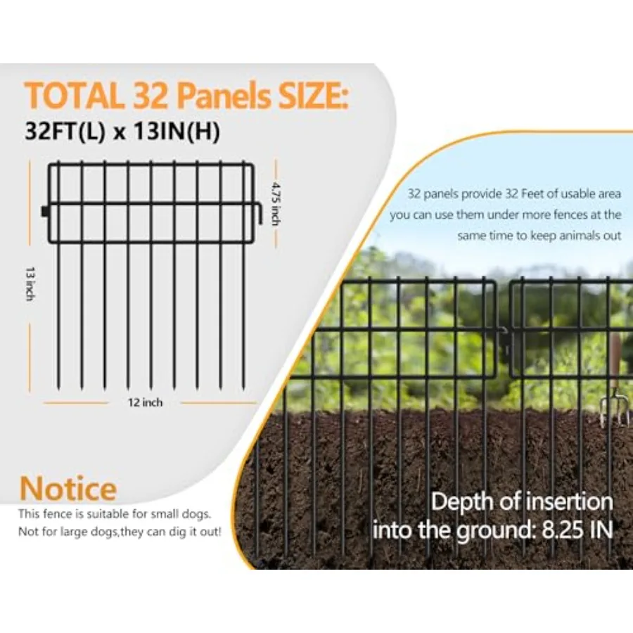 32 Panels Animal Barrier Fence No Dig 32ft L X 13in(H) 1.2in Gap Rabbit Fences Ground Defense Border Small Metal Fencing Dog Bl
