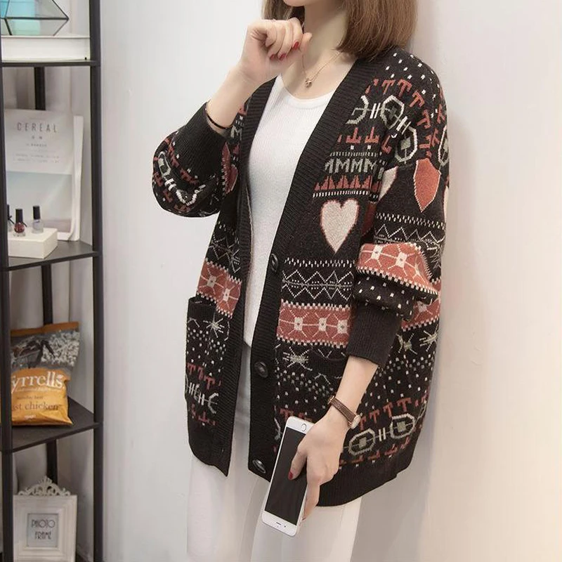 2023 Winter Women Vintage Jacquard Single Breasted Outewear Knitted Cardigan Female Casual V Neck Long Sleeve Loose Sweater Coat