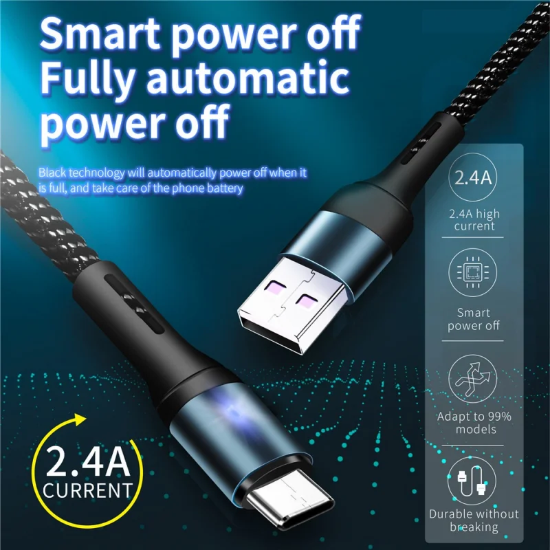 High Strength Type-C Micro Cable With Braided Intelligent Power Off Indicator With Fast Charging Data Crod Transmission 1M 2M