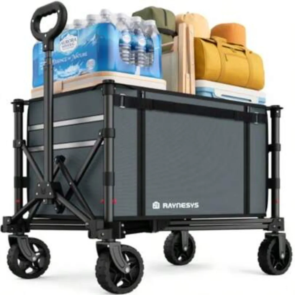 Collapsible Wagon Cart with Wheels, 220 lbs Weight Capacity, 120L Foldable Utility Wagon for Groceries, Garden, Beach, Camping, Outdoor Picnic, Heavy Duty Portable Rolling Crate Cart with Swivel Front Wheels, Adjustable Handle, Compact Folding Design,