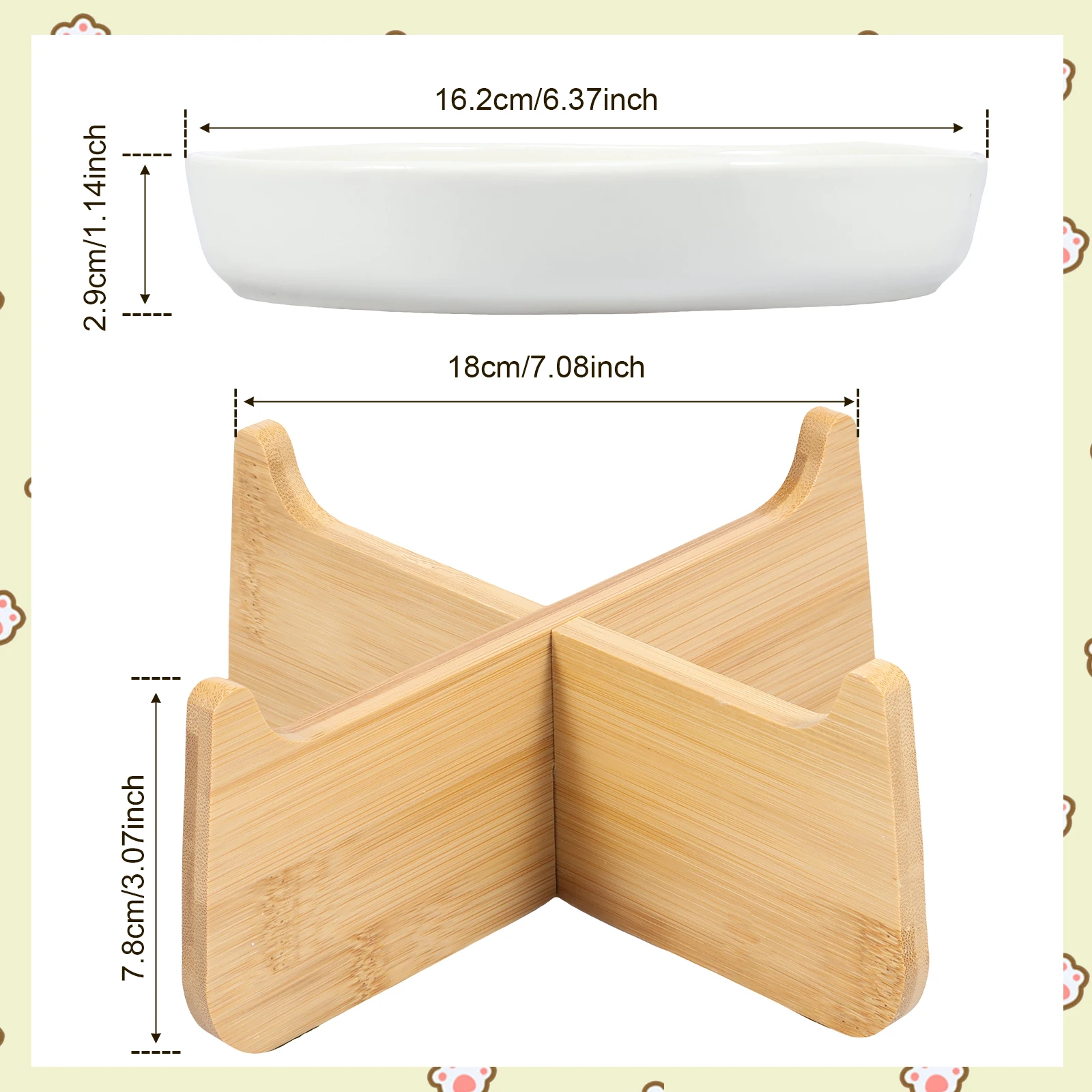 Raised Cat Bowl Elevated Cat Bowls with Wood Stand Ceramic Slow Feeder Bowl Cat Feeding Bowl Anti Vomiting Cat Food Bowl Non-Sli