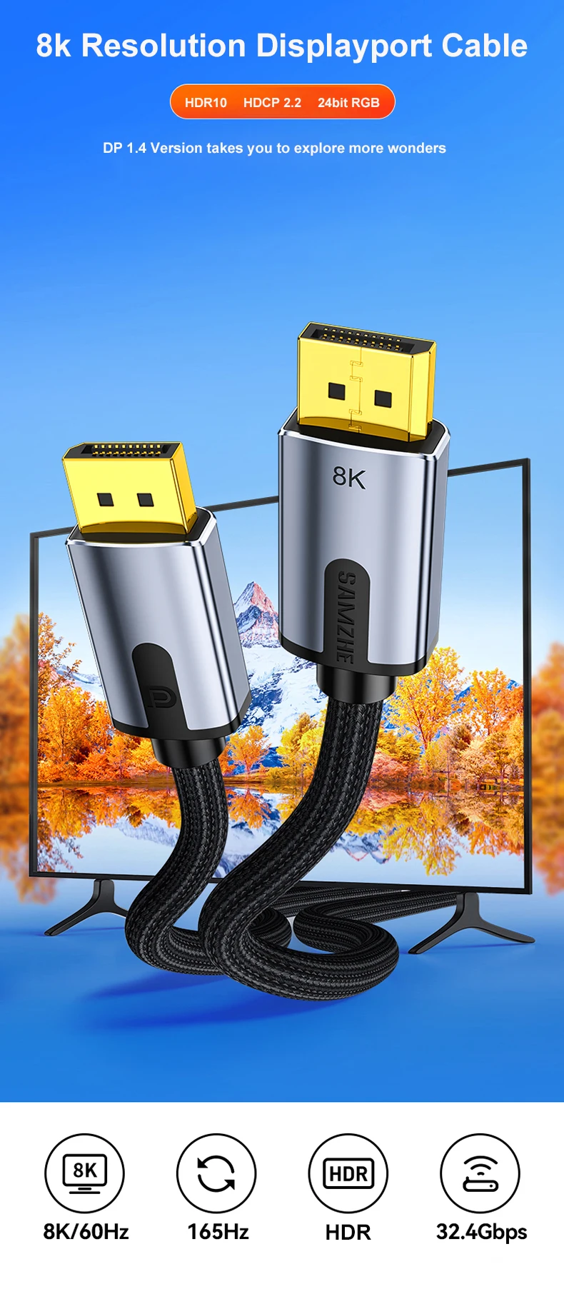 SAMZHE DisplayPort 1,4 Kabel 8K 4K 60Hz HDR 165Hz Display Port Adapter Für Video PC Laptop TV DP 1,4 1,2 Port Kabel – Detail 4