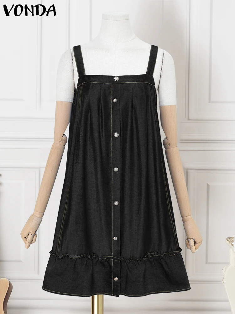 

Denim Dress Sleeveless Summer Party Vestidos Women Casual Square Sleeve Mini Sundress 2025 Oversized Loose Buttons Ruffled Robe