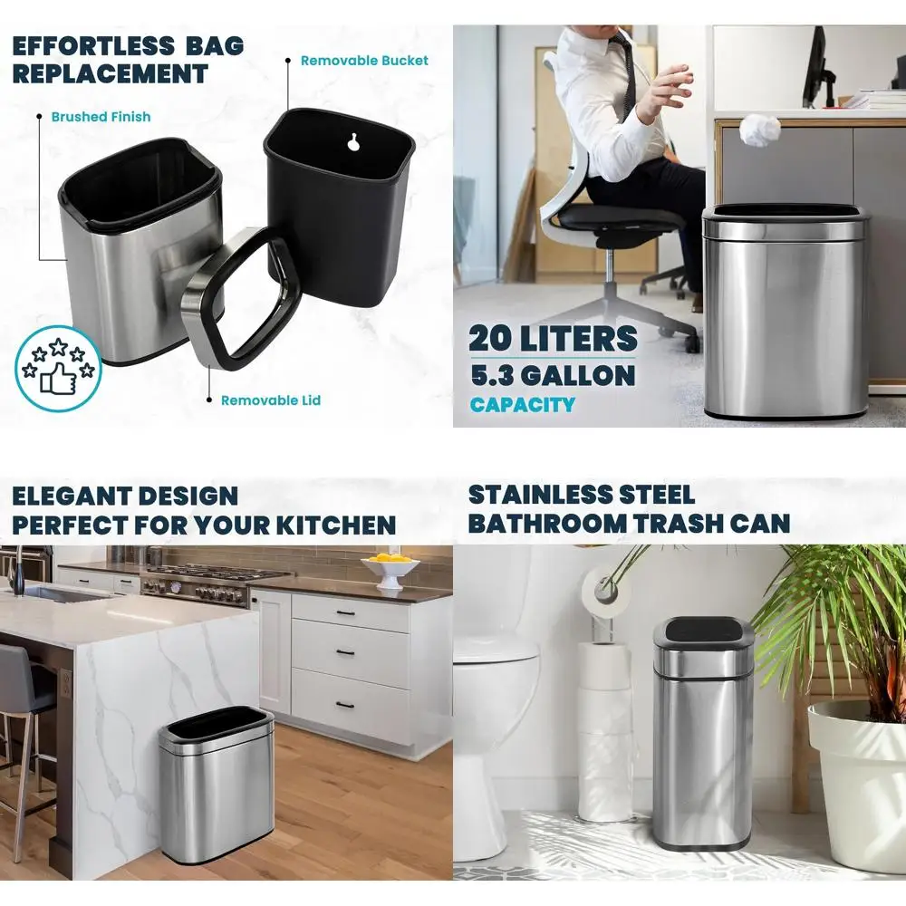 

20L Brushed Nickel Stainless Steel Trash Bin, Slim Design for Kitchen, Bathroom, Office
