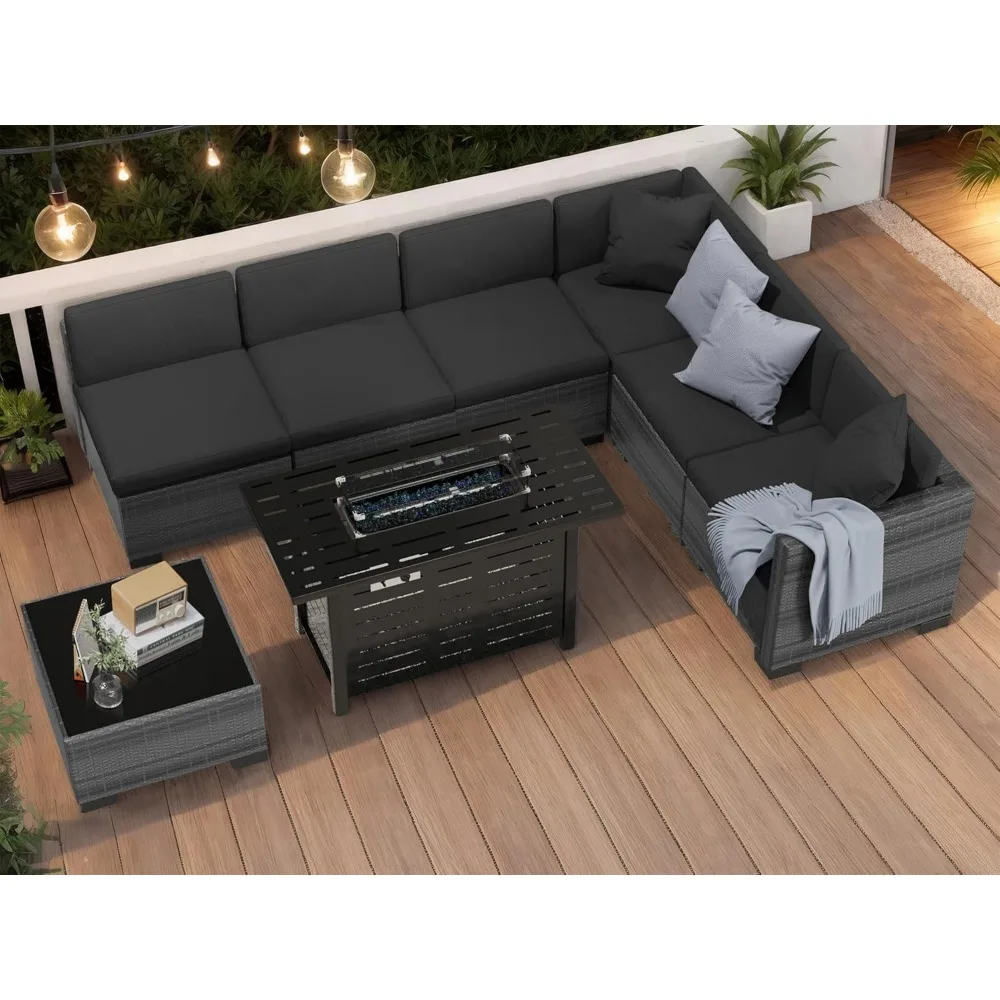 

Набор мебели для патио со столом для костра, набор уличной мебели из 8 предметов с газовой комочкой 43 дюйма и журнальным столиком, полиэтиленовый ротанг Pati