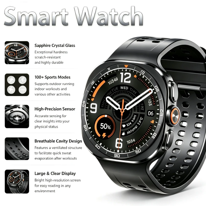 2026 Neue Smartwatch Ultra 2 HD-Bildschirm, 100+ Sportmodi, 1,52-Zoll IP68 Wasserdicht, Schlaf- und Gesundheitsüberwachung, Bluetooth-Smartwatch