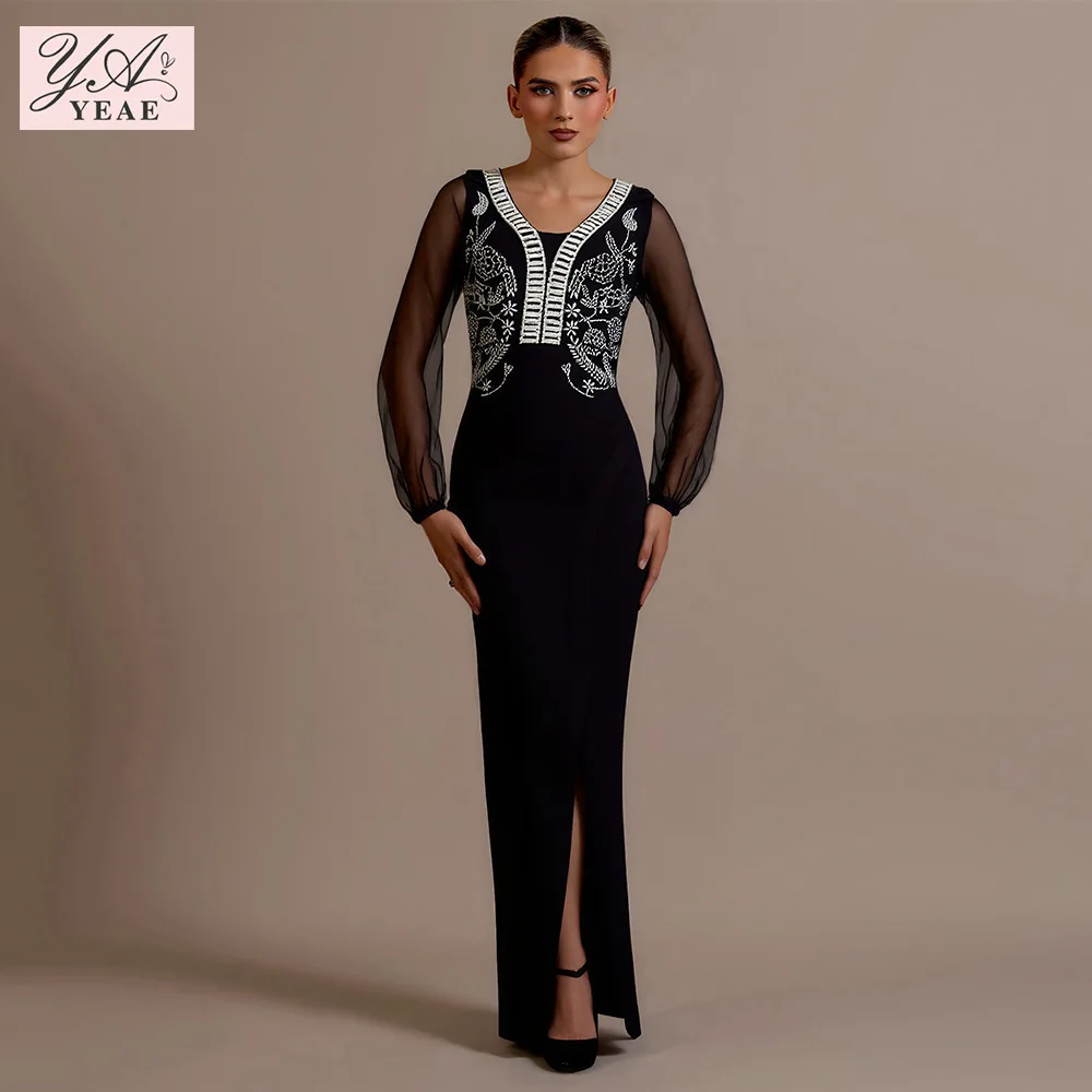 

2025 Heavy Embellishment Gown - V-Neck Bandage Dress with Thigh Slit & Sheer Sleeves, Beaded Evening Dress