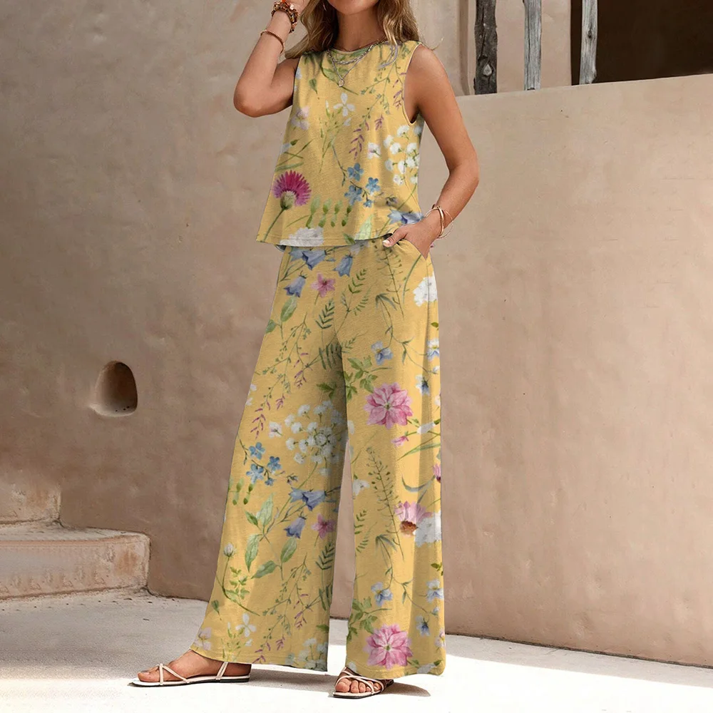 Summer Loose Breathable Women\'s Chiffon Pantsuit Fashion Elegant Lightweight Soft Sleeveless Blouse Pantsuit Simple Beautiful