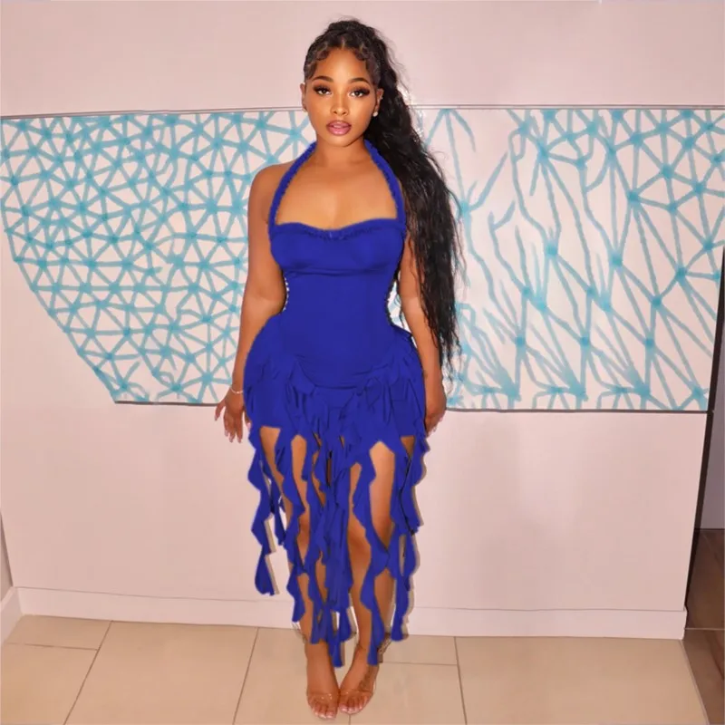 فساتين فستان سهرة 2025 امرأة فيستدوس أسلوب بسيط Bodycon مطوي شرابة الرسن الرقبة الساخن فتاة نمط بلا أكمام مزاجه