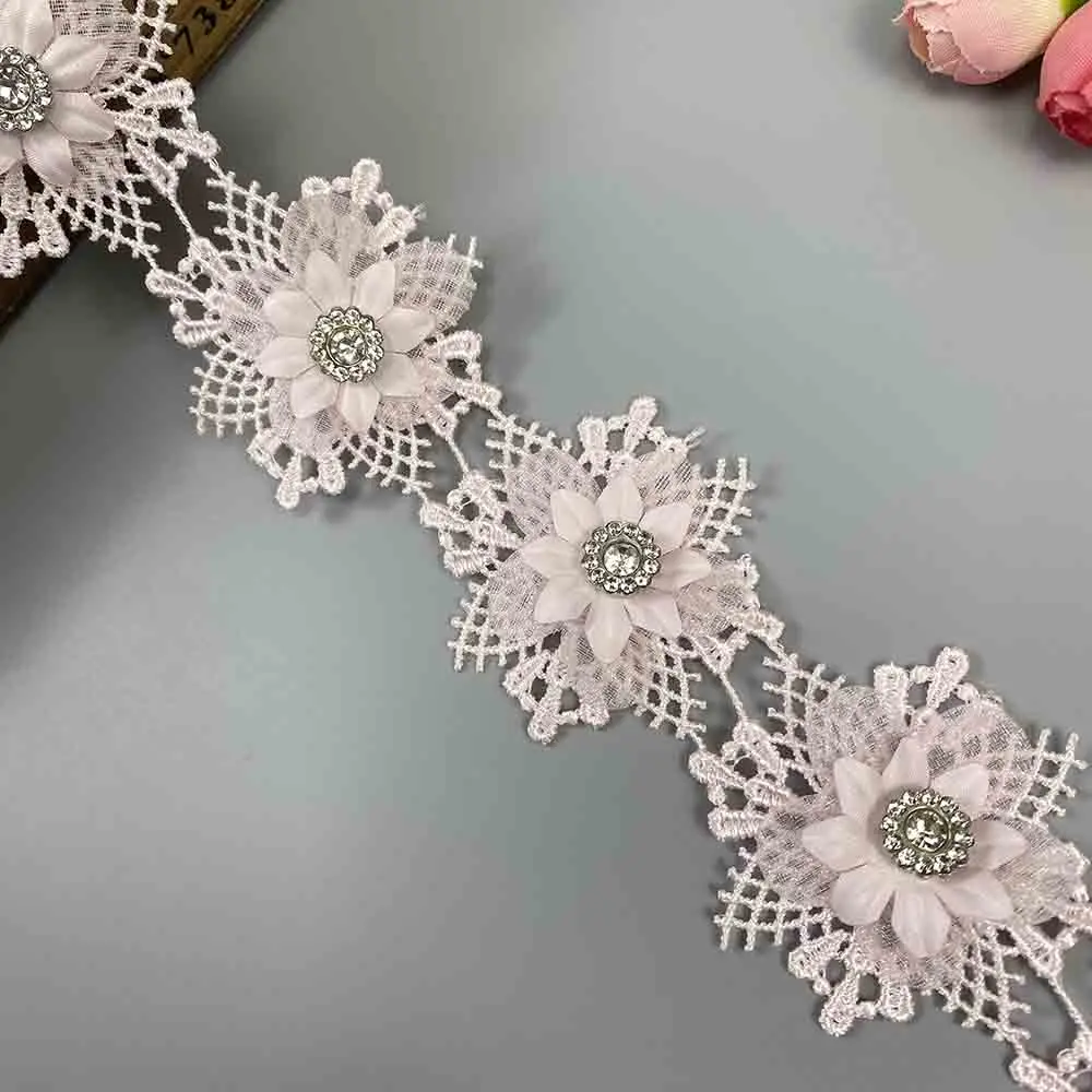 10Pcs Pink Flowers Pearl Beaded Ribbon Embroidered Lace Trim Applique Fabric Handmade Wedding Dress DIY Sewing Supplies Crafts