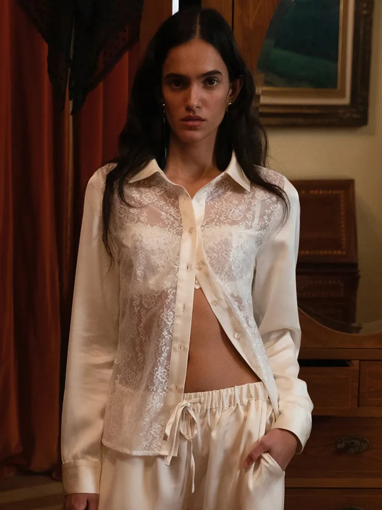 

Articat Модная кружевная атласная рубашка на пуговицах Футболка Топ женская сексуальная прозрачная облегающая женская рубашка Топ однотонная новая весенняя одежда