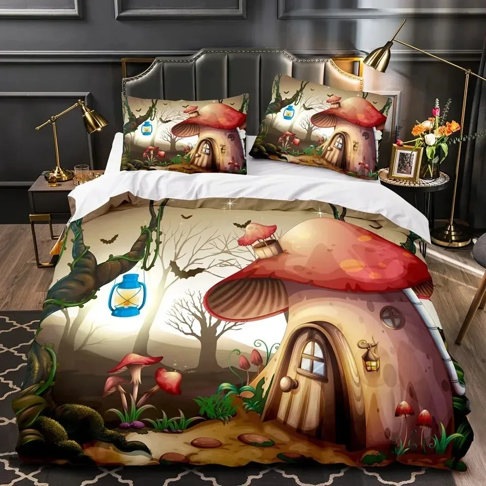 

M-Mushroom Fairy Forest Duvet Cover Lilliputian Cartoon Fungus Plant Bedding Set Fantasy Garden Polyester Comforter Cover 025