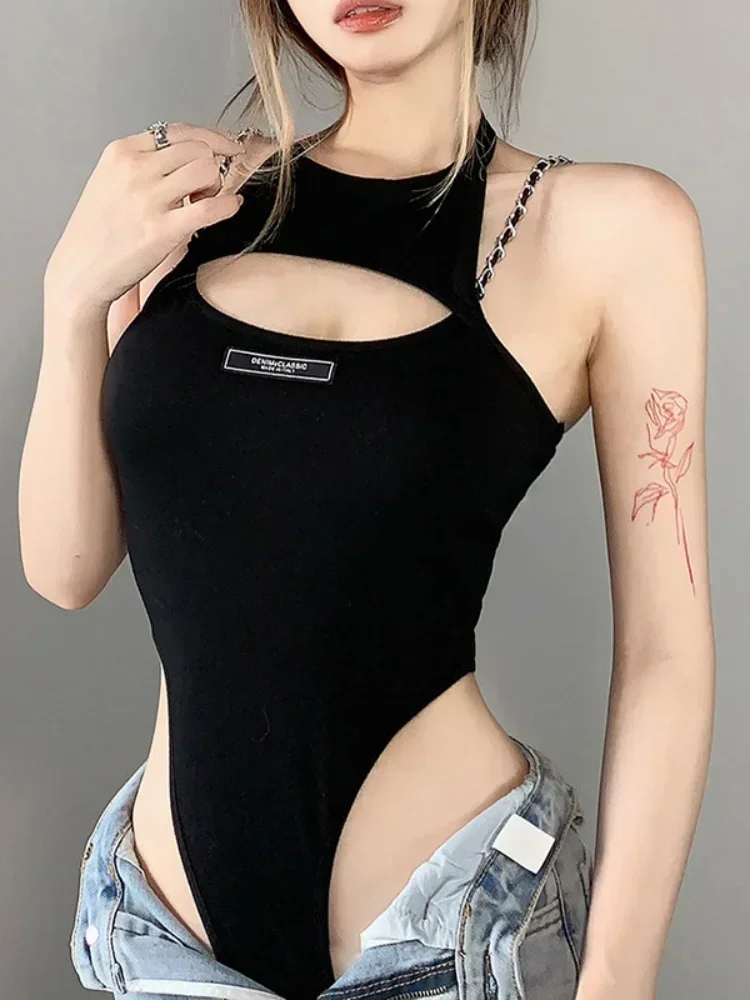 

Slim Stylish Bustier Black Cutout Neckline Lingerie Sexy Sleeveless Lace-Up Streetwear Bodysuit One-Piece Y2k Festival Outfit