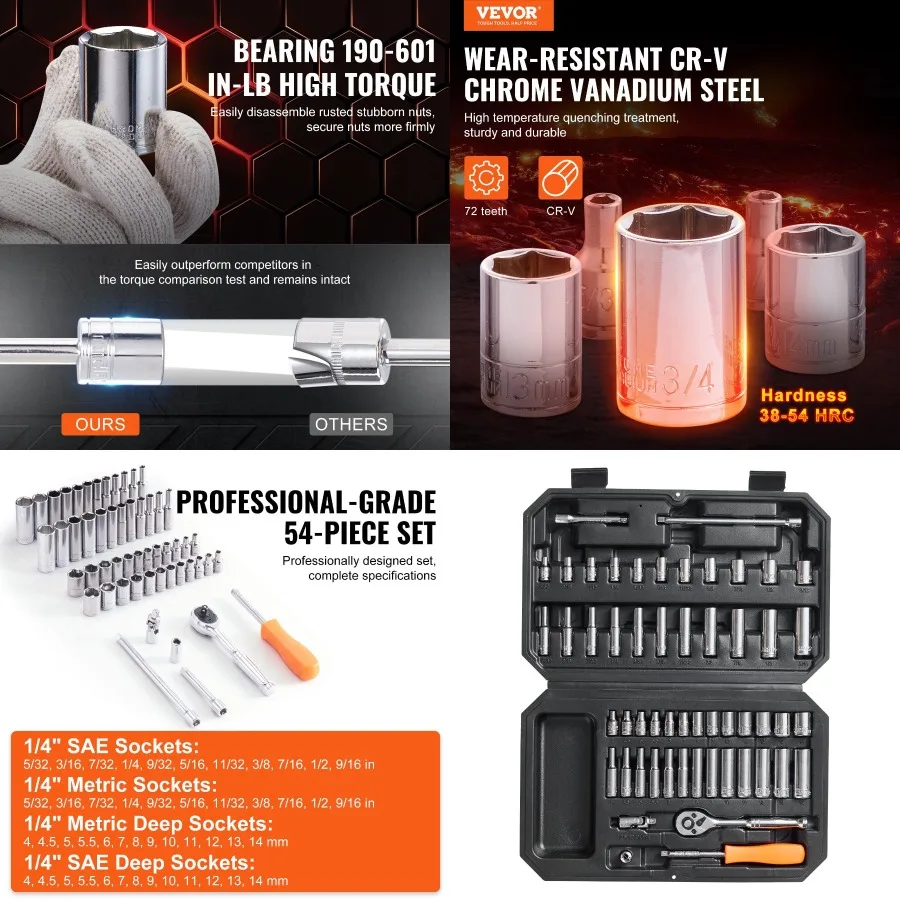 

VEVOR Socket Set 1 4 Inch Drive Socket and Ratchet Set 6Point Socket Opening 54 Pies Tool Set SAE and Metric Deep and Standard