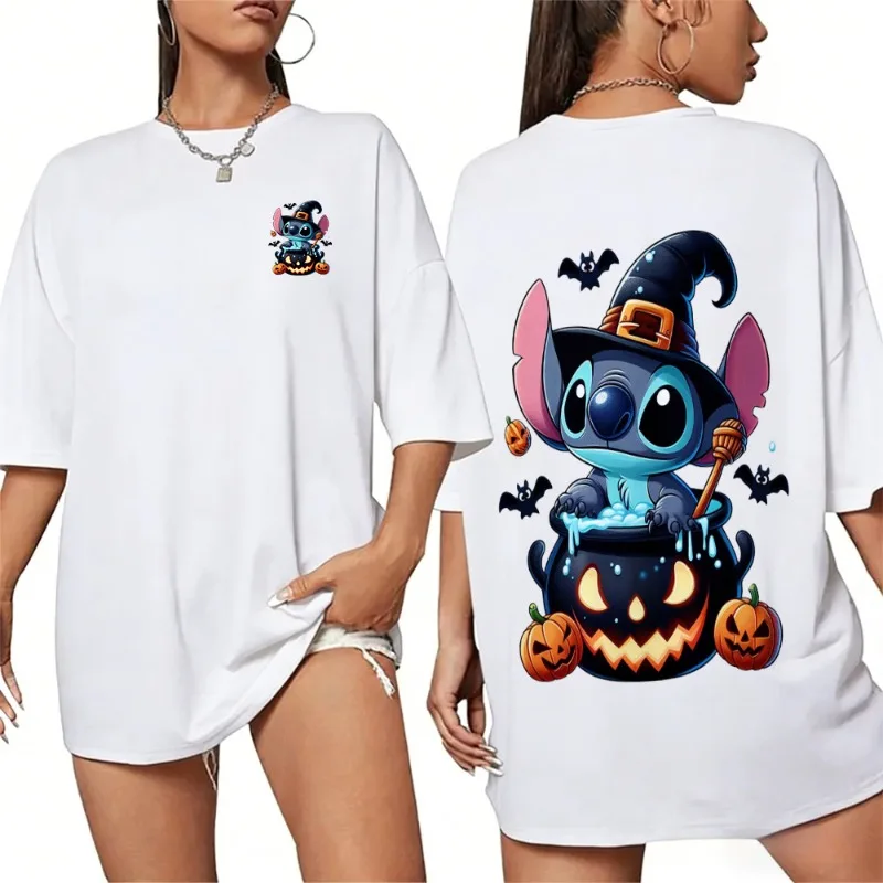 

2025-26, летняя футболка из 100% хлопка с мультяшным узором Disney Stitch, модная удобная дышащая повседневная женская одежда