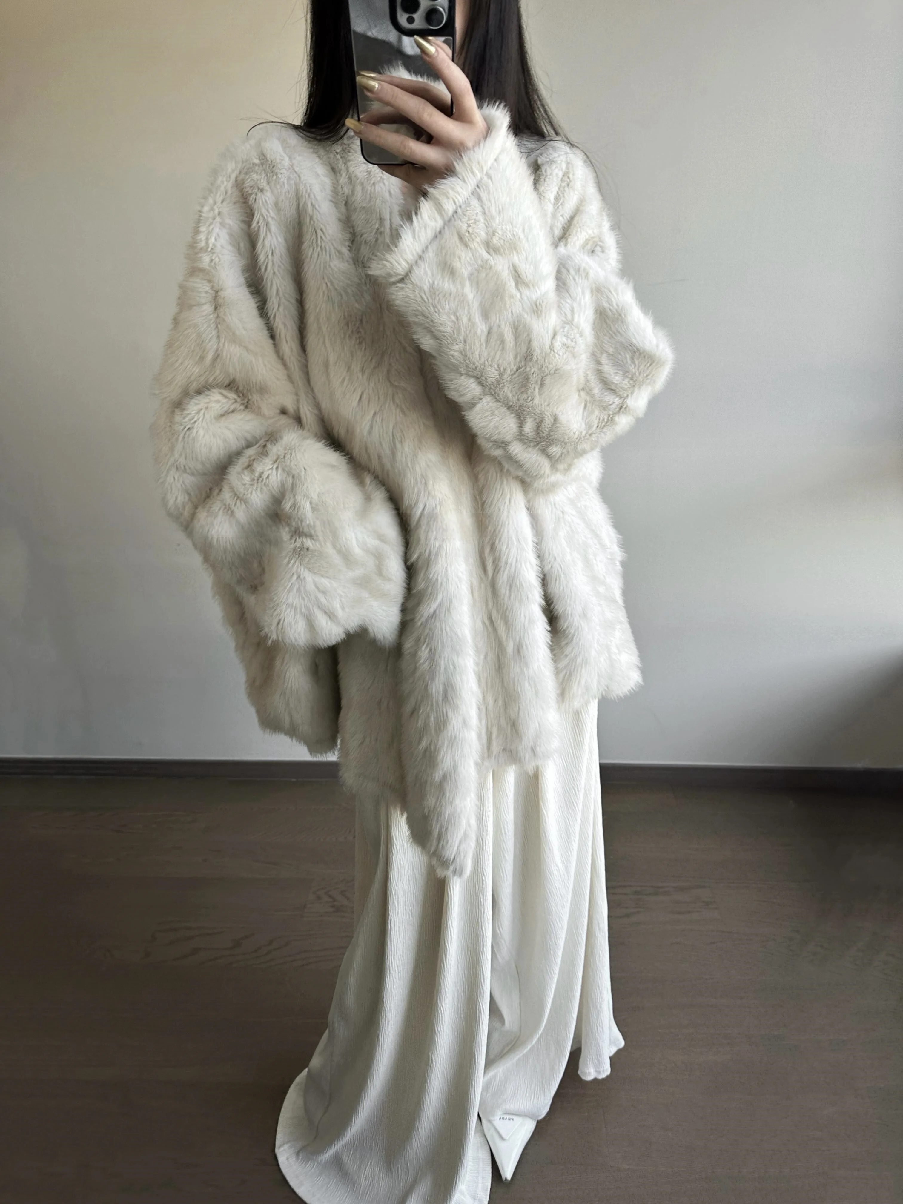 Faux Fur Women Coats Bat Sleeve Mid Length Coat Thick Warm Y2k Streetwear Elegant Jackets Open Stitch Outerwear Autumn Winter