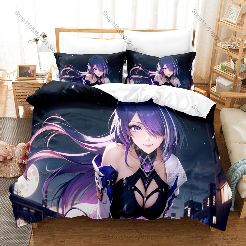 Cool Acheron Honkai Star Rail Purple Lightning Galaxy Ranger Sword Battle Anime 3D Bedding Set Includes Duvet Cover + 2 Pillowca