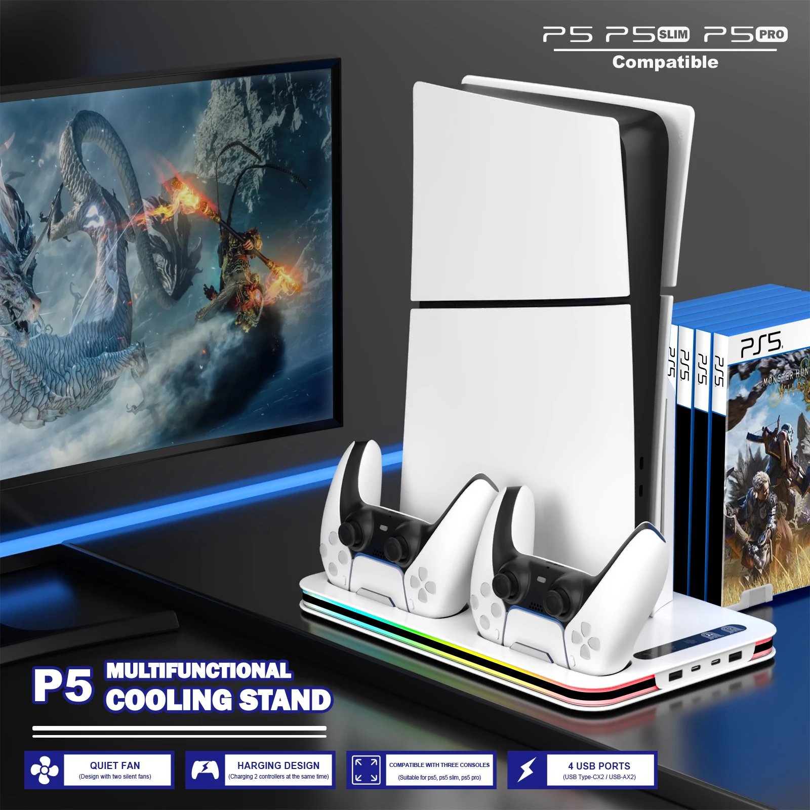 

New 2025 PS5/PS5 SLIM/PS5 PRO Cooling Stand With 8 Modes Adjustable RGB Lights and Disc Storage Holder