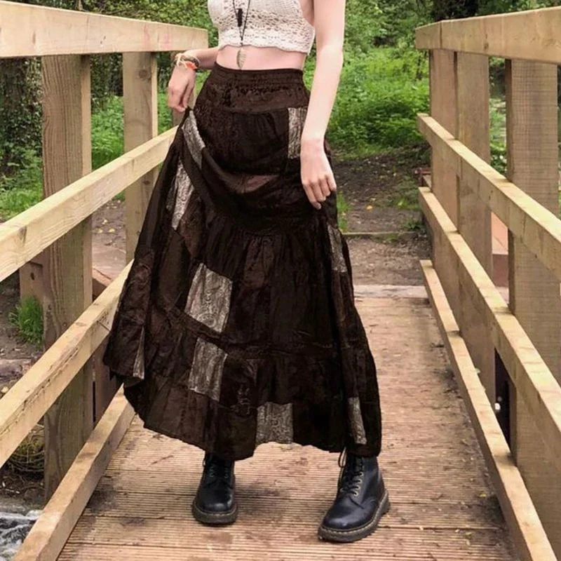 

Vintage Patchwork Skirts Women Y2K Korean Plaid Printed Midi Skirt Autumn New Fashion All Match Female A Line Skirt