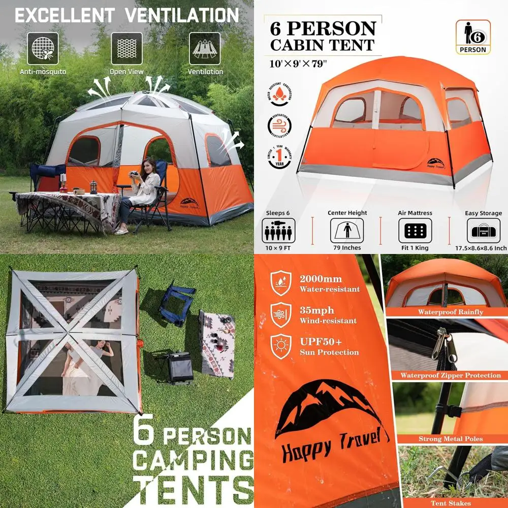 Tienda familiar impermeable para 6 personas, tienda de campaña con almohadilla de fácil instalación con 5 ventanas de malla y bolsa de transporte para acampar y hacer senderismo
